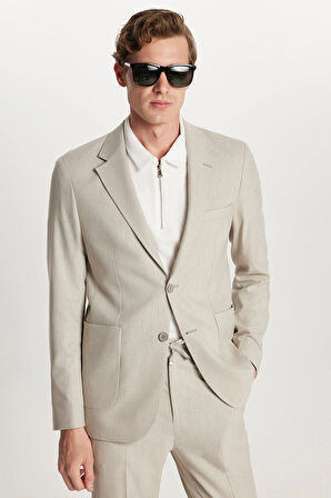 Erkek Regular Fit Bej Esnek Likralı Kumaş Mono Yaka Torba Cepli Takım Elbise