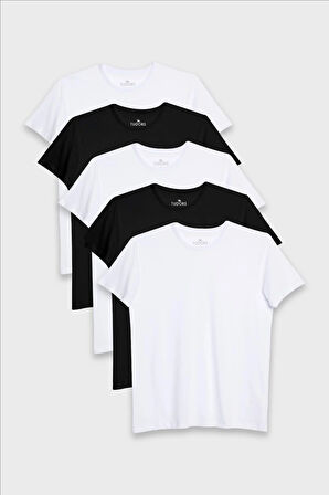 Unisex 5'li Paket Siyah-Beyaz Slim Fit Dar Kesim %100 Pamuk Bisiklet Yaka Tişört