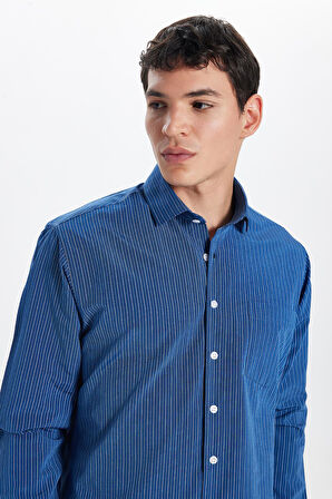 Erkek Regular Fit Klasik Kesim İnce Çizgili Pamuklu Kravatlık Yaka Gömlek