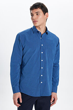 Erkek Regular Fit Klasik Kesim İnce Çizgili Pamuklu Kravatlık Yaka Gömlek