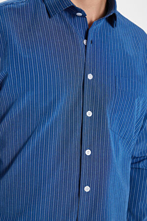 Erkek Regular Fit Klasik Kesim İnce Çizgili Pamuklu Kravatlık Yaka Gömlek