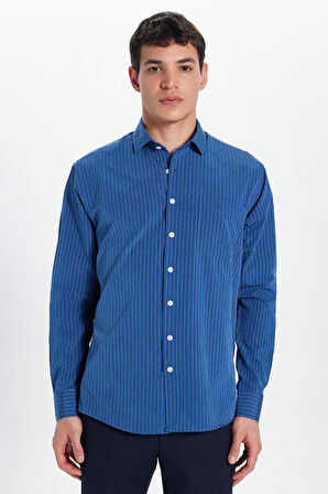 Erkek Regular Fit Klasik Kesim İnce Çizgili Pamuklu Kravatlık Yaka Gömlek
