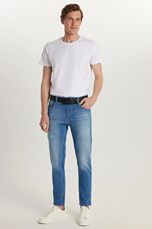 Erkek Normal Kesim Denim Yıkamalı Düz Paça Mavi Jean Kot Pantolon