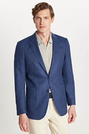 Erkek Slim Fit Mono Yaka Çift Yırtmaçlı Casual İndigo Tek Ceket