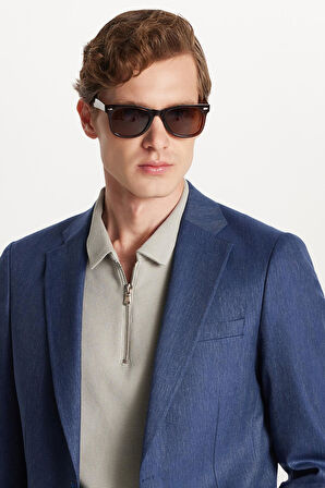 Erkek Slim Fit Mono Yaka Çift Yırtmaçlı Casual İndigo Tek Ceket