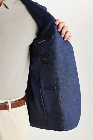 Erkek Slim Fit Mono Yaka Çift Yırtmaçlı Casual İndigo Tek Ceket