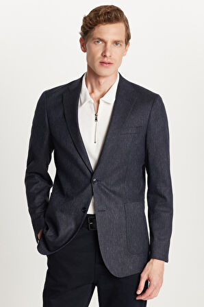 Erkek Slim Fit Mono Yaka Çift Yırtmaçlı Casual Lacivert Tek Ceket
