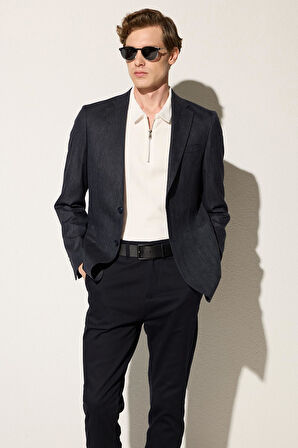 Erkek Slim Fit Mono Yaka Çift Yırtmaçlı Casual Lacivert Tek Ceket