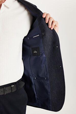 Erkek Slim Fit Mono Yaka Çift Yırtmaçlı Casual Lacivert Tek Ceket