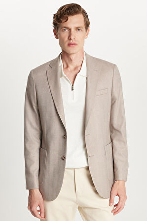 Erkek Slim Fit Mono Yaka Çift Yırtmaçlı Casual Bej Tek Ceket