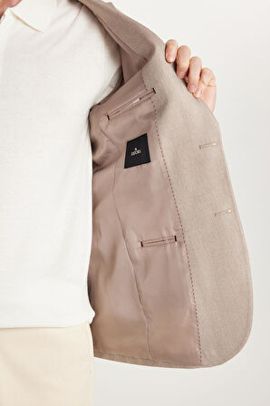 Erkek Slim Fit Mono Yaka Çift Yırtmaçlı Casual Bej Tek Ceket