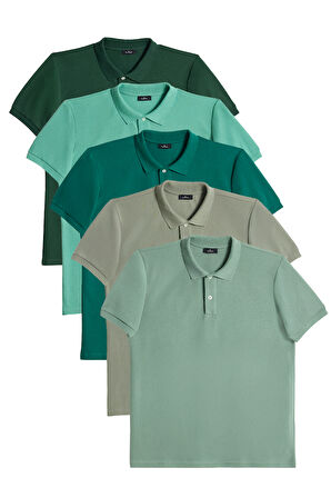 Erkek 5'li Paket Yeşil Tonları Slim Fit Dar Kesim Pamuklu Düz Pike Polo Yaka Tişört