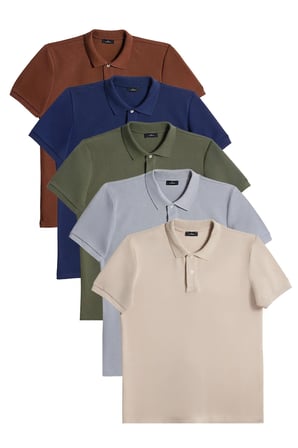 Erkek 5'li Paket Lacivert-Haki-Toprak-Bej-Gri Slim Fit Dar Kesim Pamuklu Düz Pike Polo Yaka Tişört