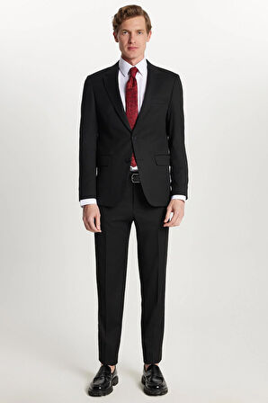 Erkek Regular Fit Siyah Esnek Likralı Kumaş Mono Yaka Kapaklı Cepli Takım Elbise