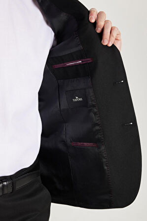 Erkek Regular Fit Siyah Esnek Likralı Kumaş Mono Yaka Kapaklı Cepli Takım Elbise