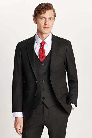 Erkek Slim Fit Siyah Esnek Likralı Kumaş Sivri Yaka Yelekli Takım Elbise