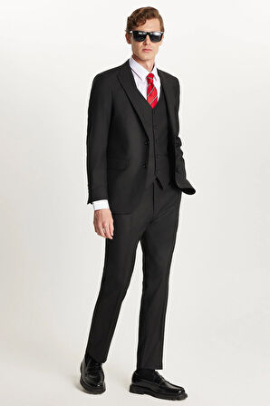 Erkek Slim Fit Siyah Esnek Likralı Kumaş Sivri Yaka Yelekli Takım Elbise