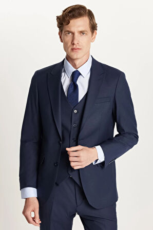 Erkek Slim Fit Lacivert Esnek Likralı Kumaş Sivri Yaka Yelekli Takım Elbise