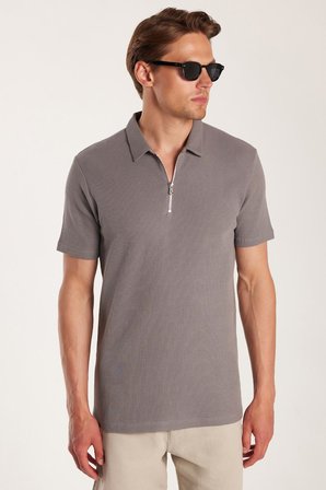 Erkek Slim Fit Dar Kesim %100 Pamuk Fermuarlı Gri Polo Yaka Tişört