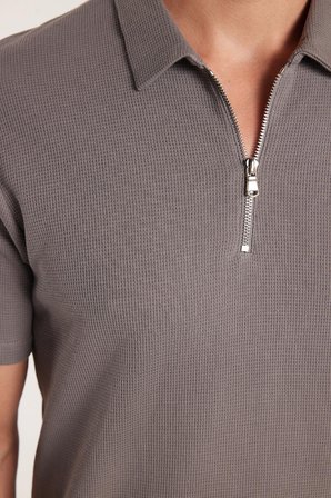 Erkek Slim Fit Dar Kesim %100 Pamuk Fermuarlı Gri Polo Yaka Tişört