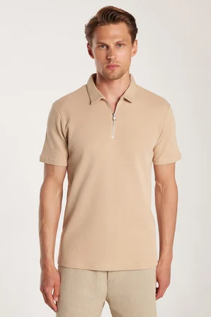 Erkek Slim Fit Dar Kesim %100 Pamuk Fermuarlı Bej Polo Yaka Tişört