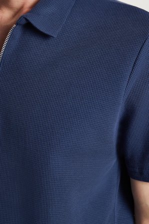 Erkek Slim Fit Dar Kesim %100 Pamuk Fermuarlı Lacivert Polo Yaka Tişört