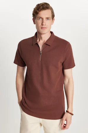 Erkek Slim Fit Dar Kesim %100 Pamuk Fermuarlı Kahverengi Polo Yaka Tişört