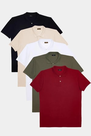 Erkek 5'li Paket Siyah-Beyaz-Taş-Haki-Bordo Slim Fit Dar Kesim Pamuklu Düz Pike Polo Yaka Tişört