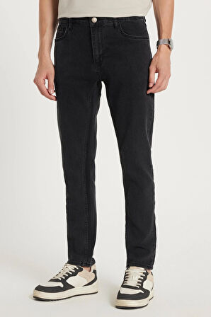 Erkek Slim Fit Yıkamalı Taşlamalı Esnek Kot Düz Paça Tapered Siyah Pantolon