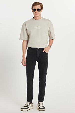 Erkek Slim Fit Yıkamalı Taşlamalı Esnek Kot Düz Paça Tapered Siyah Pantolon