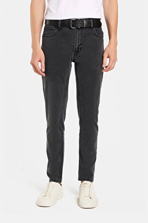 Erkek Slim Fit Yıkamalı Taşlamalı Esnek Kot  Düz Paça Tapered Gri Pantolon