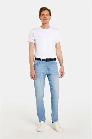 Erkek Normal Kesim Denim Yıkamalı Düz Paça Açık Mavi Jean Kot Pantolon