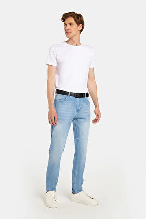 Erkek Normal Kesim Denim Yıkamalı Düz Paça Açık Mavi Jean Kot Pantolon