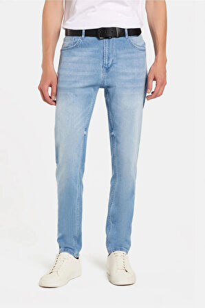 Erkek Normal Kesim Denim Yıkamalı Düz Paça Açık Mavi Jean Kot Pantolon