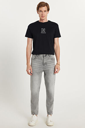 Erkek Relax Fit Geniş Kesim Boru Paça Denim Yıkamalı Taşlamalı Esnek Gri Jean Kot Pantolon