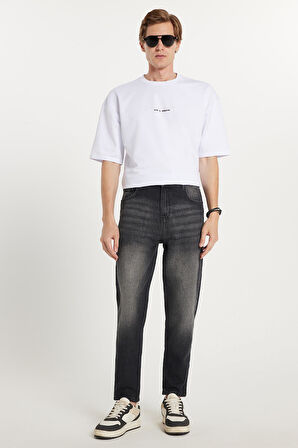 Erkek Relax Fit Geniş Kesim Boru Paça Denim Yıkamalı Taşlamalı Esnek Siyah Jean Kot Pantolon