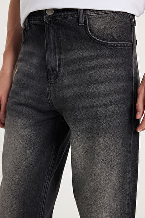 Erkek Relax Fit Geniş Kesim Boru Paça Denim Yıkamalı Taşlamalı Esnek Siyah Jean Kot Pantolon