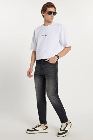 Erkek Relax Fit Geniş Kesim Boru Paça Denim Yıkamalı Taşlamalı Esnek Siyah Jean Kot Pantolon