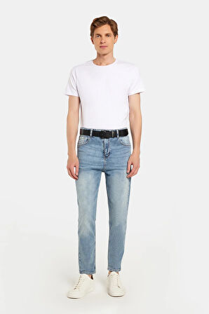 Erkek Straight Fit Bol Kesim Denim Yıkamalı Efektli Esnek Açık Mavi Jean Kot Pantolon