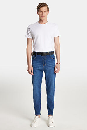 Erkek Straight Fit Bol Kesim Denim Yıkamalı Efektli Esnek Mavi Jean Kot Pantolon