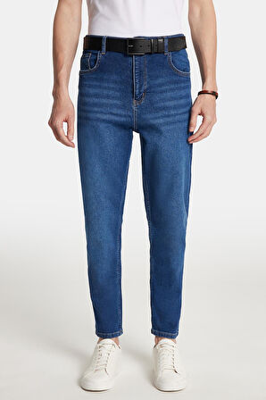 Erkek Straight Fit Bol Kesim Denim Yıkamalı Efektli Esnek Mavi Jean Kot Pantolon