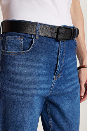 Erkek Straight Fit Bol Kesim Denim Yıkamalı Efektli Esnek Mavi Jean Kot Pantolon