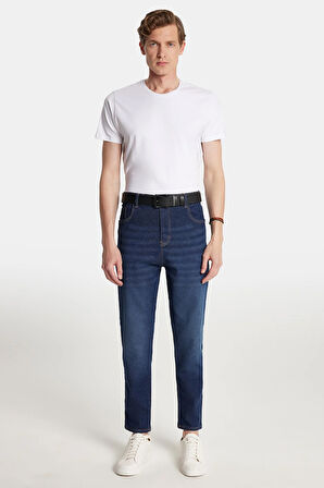 Erkek Straight Fit Bol Kesim Denim Yıkamalı Efektli Esnek Lacivert Jean Kot Pantolon