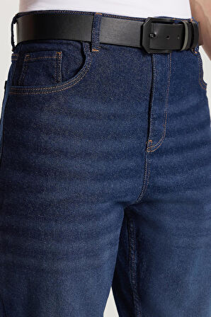 Erkek Straight Fit Bol Kesim Denim Yıkamalı Efektli Esnek Lacivert Jean Kot Pantolon