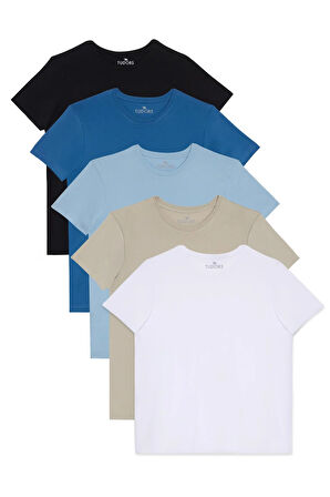 Unisex 5'li Paket Siyah-Taş-Mavi-Açık Mavi-Beyaz Slim Fit Dar Kesim %100 Pamuk Bisiklet Yaka Tişört