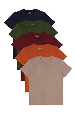 Unisex 5li Paket Lacivert-Haki-Bordo-Tarçın-Vizon Slim Fit Dar Kesim %100 Pamuk Bisiklet Yaka Tişört