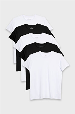 Unisex 5'li Paket Siyah-Beyaz Slim Fit Dar Kesim %100 Pamuk Bisiklet Yaka Tişört