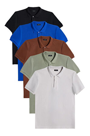 Erkek 5'li Paket Siyah-Saks Mavi-Kahverengi-Haki-Gri Slim Fit Pamuklu Düz Pike Polo Yaka Tişört