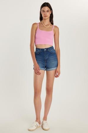 Kadın Slim Fit Dar Kesim %100 Pamuk Paça Katlamalı Açık Mavi Jean Kot Şort