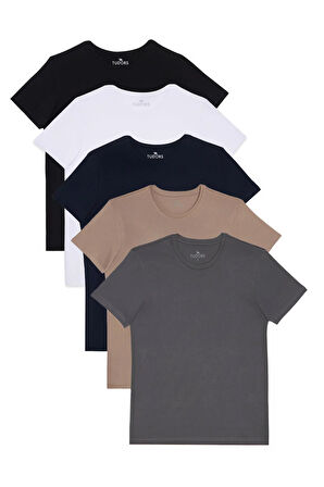 Unisex 5'li Paket Siyah-Beyaz-Lacivert-Vizon-Gri Slim Fit Dar Kesim %100 Pamuk Bisiklet Yaka Tişört